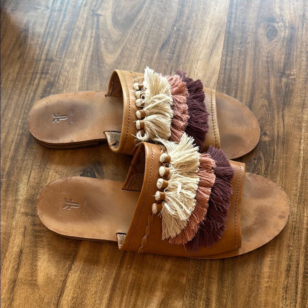 FRYE Brown Tassel Slide Sandals - Women's Casual Slip-On
